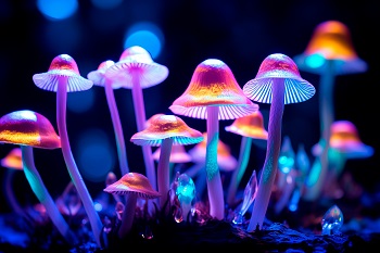 Purple Mushrooms with Glowing Pink and...